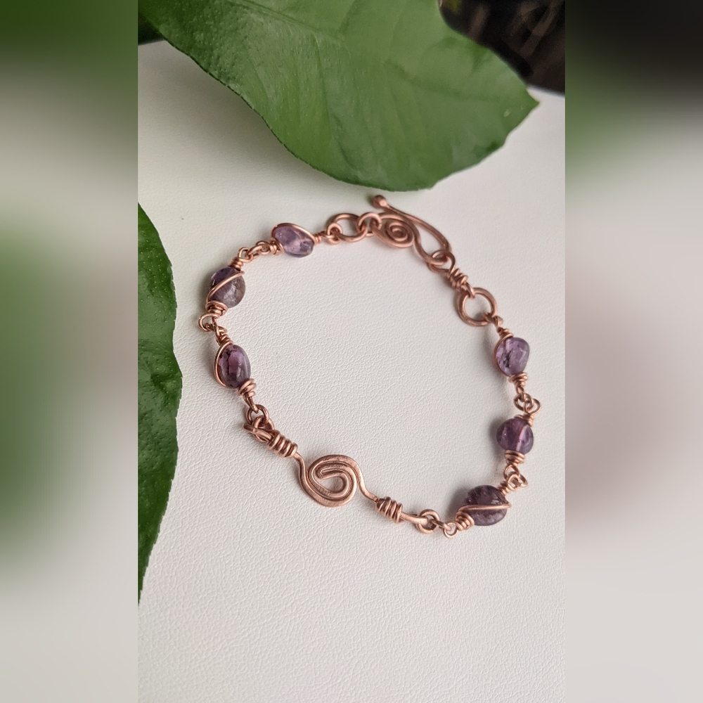 Moroccan Amethyst Bracelet-Artisan Crafted Copper Link Chain-Spiral Wave Focal